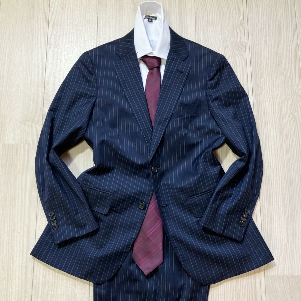 ポールスミス×チェルッティ 微光沢 ネイビーストライプ 紺 2B スーツ M