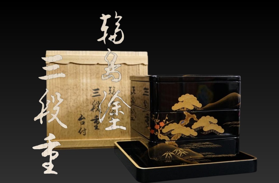 輪島塗鶴蒔絵三段重天然木