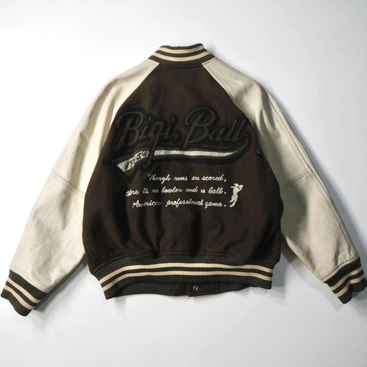 美品✨メンズビギ スタジャン 袖レザー 刺繍 ロゴワッペン ブラック L MEN'S BIGI】 メンズビギ 80s 80年代 スタジャン スタジアム