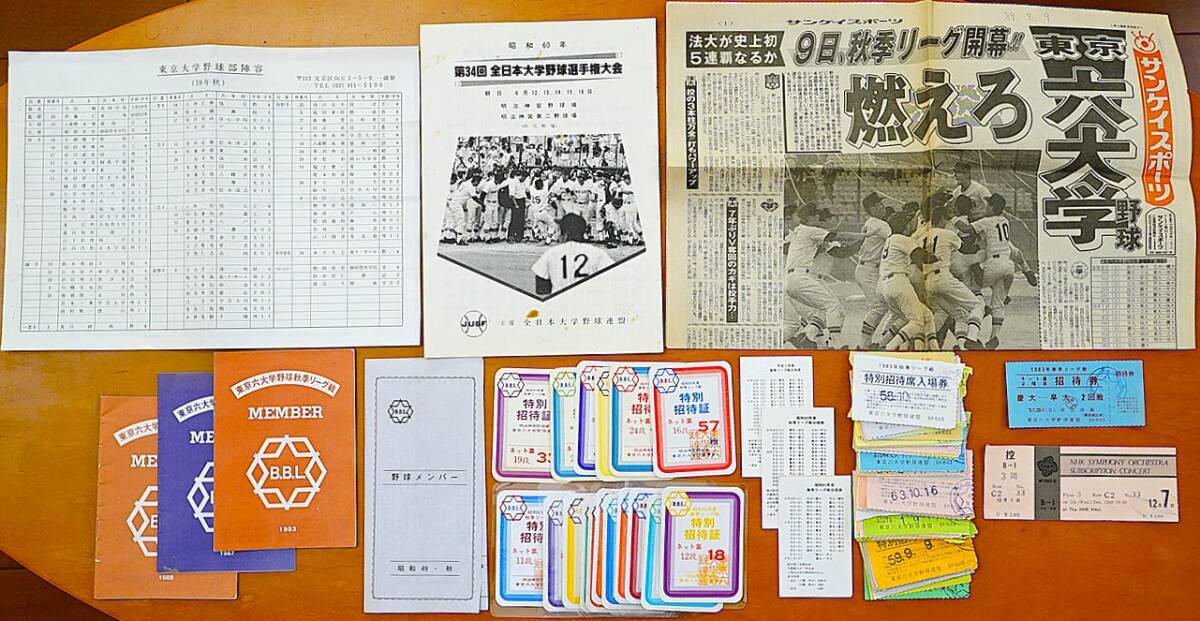 やや傷や汚れあり】東京六大学野球 特別招待証 チケット半券 他資料