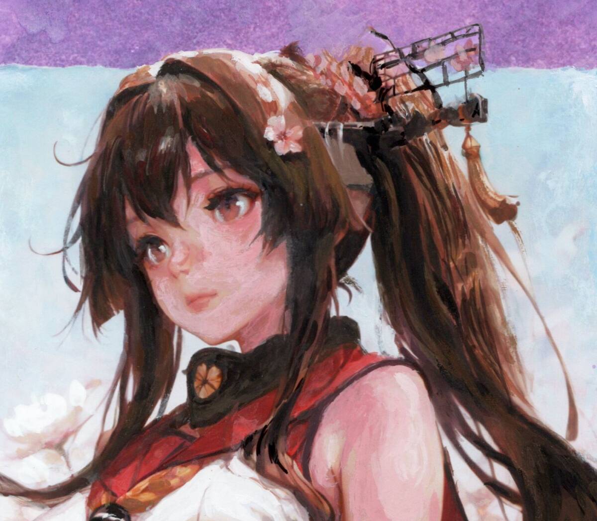 透明水彩 手描きイラスト オリジナル アナログ アナログ原画A4『今宵月