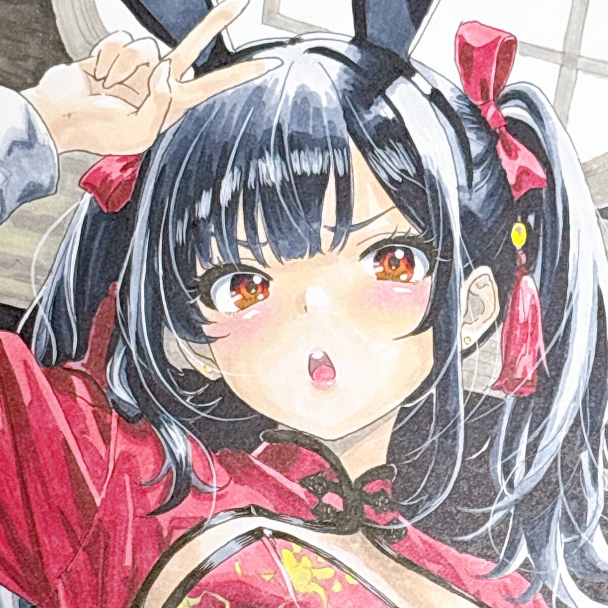 新品】手書きイラスト オリジナル ツインテールの女の子 水彩紙