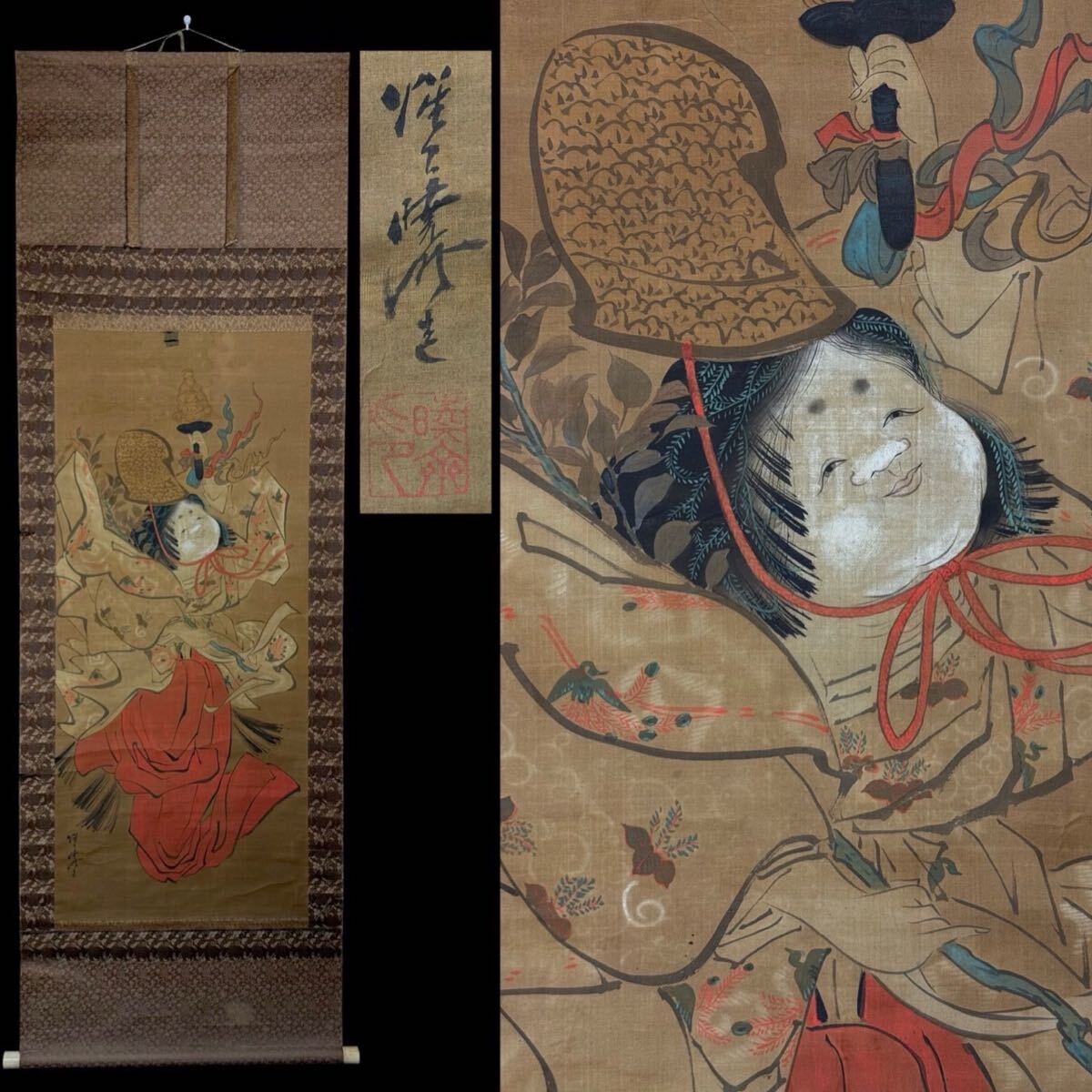 真作】20-28 神道！河鍋暁斎「日課天神」紙本 浮世絵 日本画 掛軸 箱付