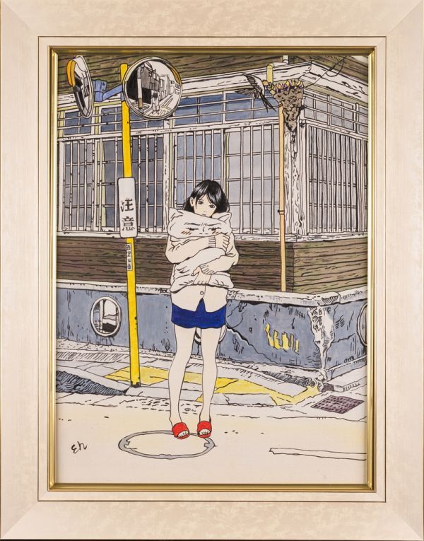 油彩//絵画//可愛い女の子の人物画//豚//サイン有 F6号//子豚//油絵