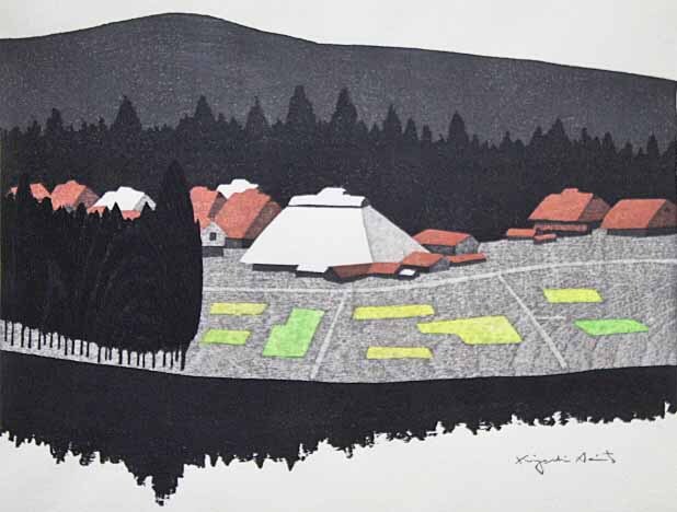 中古】木版画□加藤公雄□冬の動物園□1986年□サイン有□希少作品□額