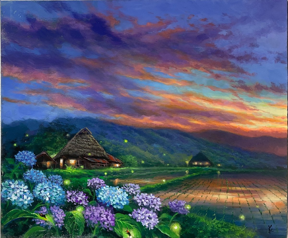 新品】原風景巨匠 大友一美 油絵8号 春響桜舞 夕暮れ田舎風景 古民家