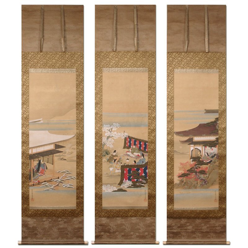 土佐光起 真筆 慶應三年以降の作 絹本 着色楼閣山水図 双幅 徳川家葵御紋表 慶應◇土佐家中興の祖【土佐光起】真筆 絹本極彩色石山紫式部画賛 伝世