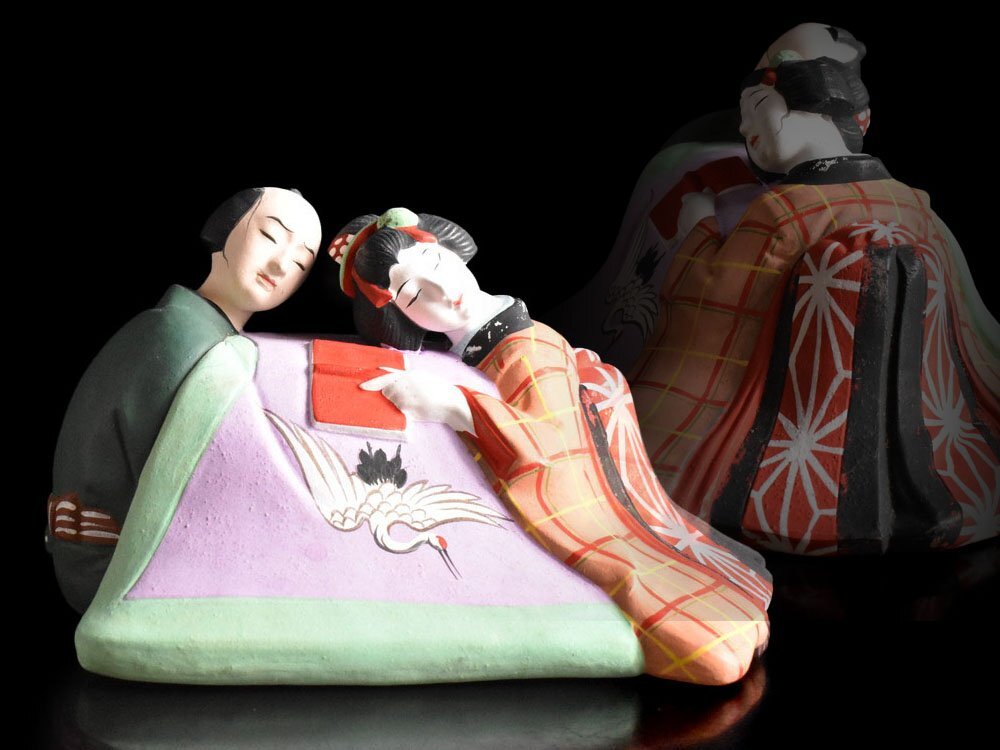 中古】時代物 彩色陶器 春画裏絵 お多福 おかめ 人形 置物 枕絵 浮世絵