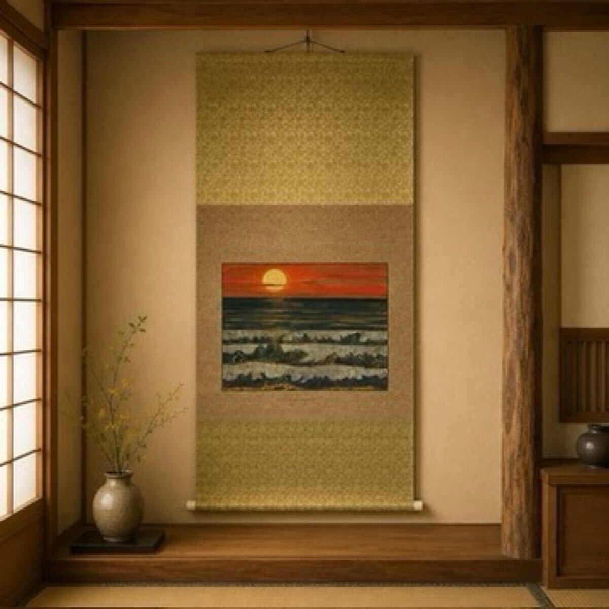 中古】《SX》日展日本画家 大島秀信肉筆「立山連峰」絹本日本画 掛軸共