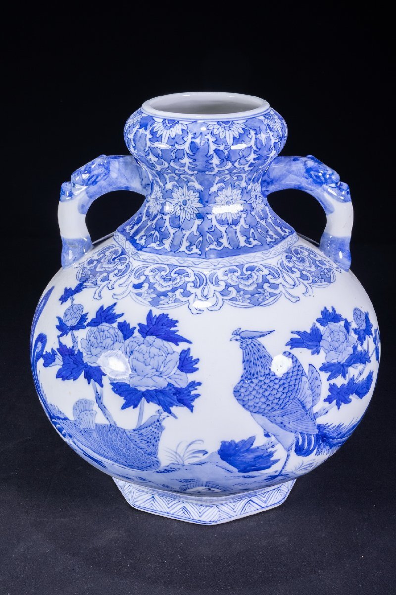 中古】si61_旧家初出 李朝 虎雲鳥文 大壺 高さ30.5cm(検 提灯 染付