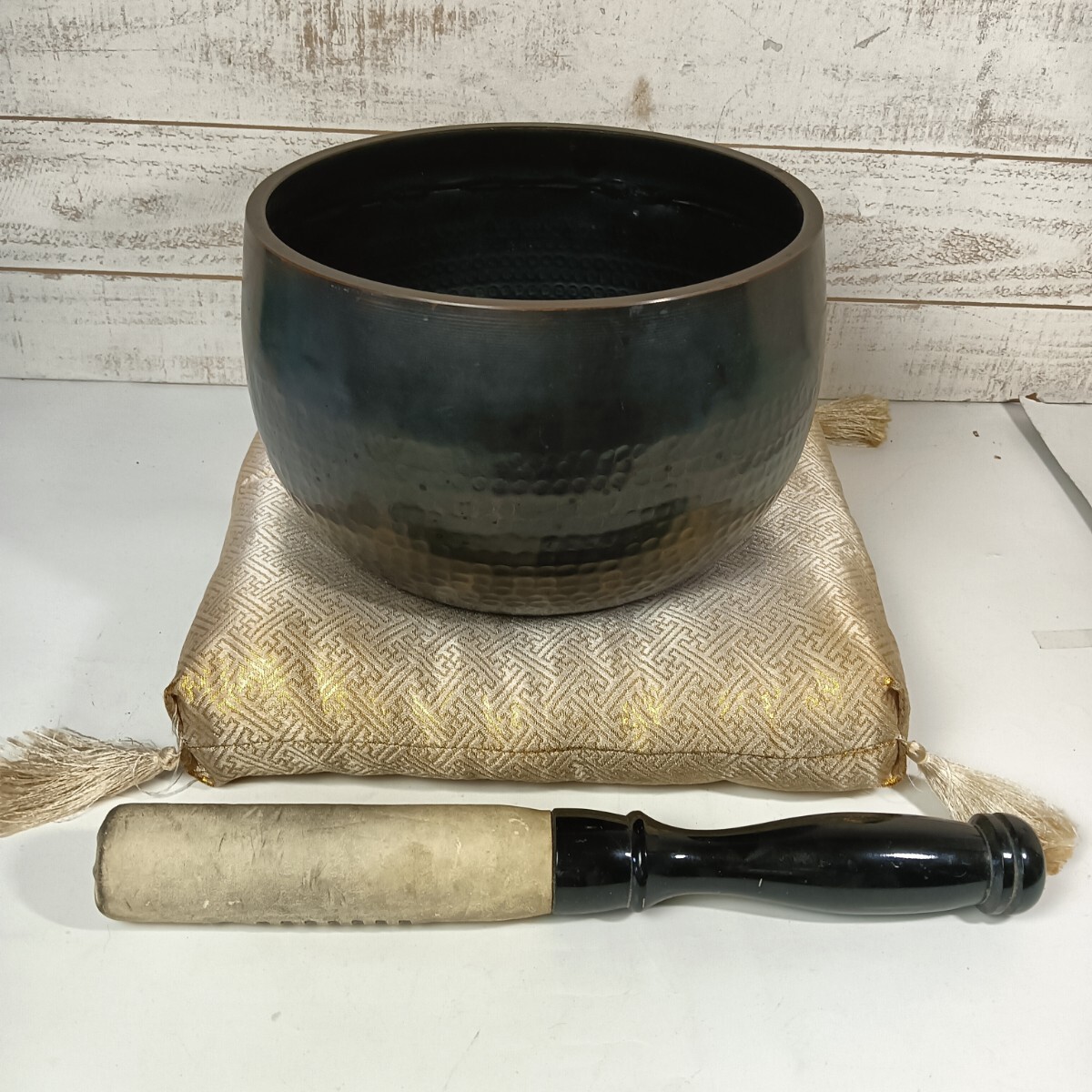 中古】S 寺院仏具 特大銅造けいす おりん 座布団 おりん台 おりん棒 高