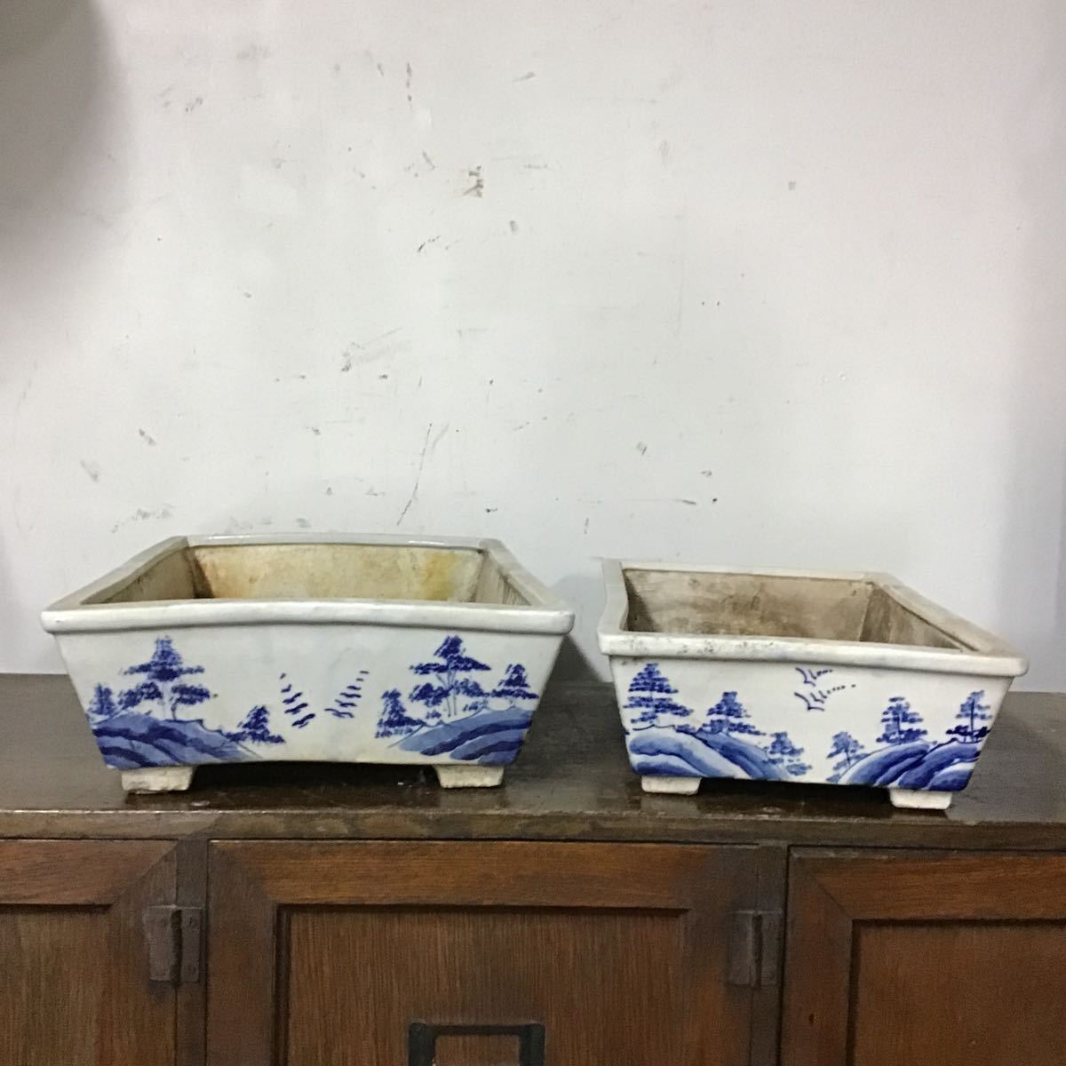 伊万里 呉須絵盆栽鉢 2個セット （古伊万里 染付 呉須 盆栽鉢 植木鉢 