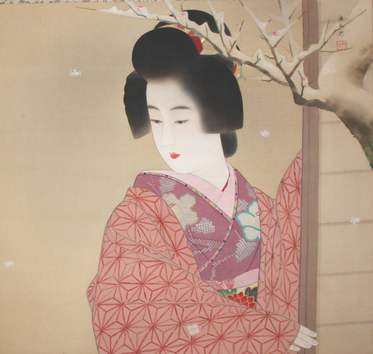 真作】鈴樹由太郎 (鈴木由太郎) 雪の朝 美人画 日本画 絹本 掛軸 