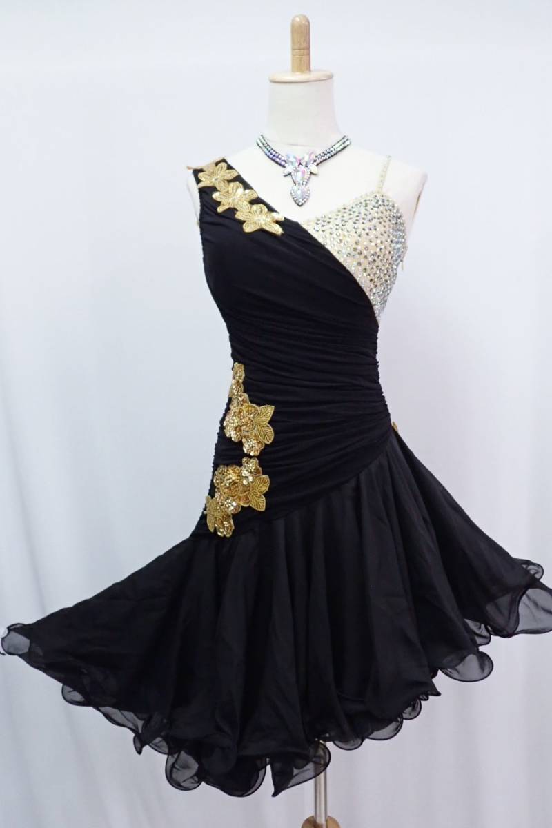 社交ダンスラテンドレス 黒金 ①1円～☆黒×ゴールドラテンドレス/M