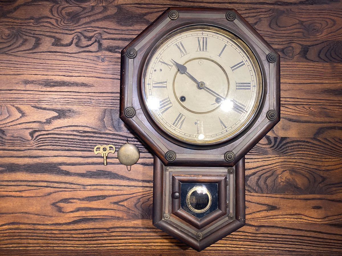 希少★EIGHT DAY PENDULUM OCTAGON CLOCKS KYOTO JAPAN 掛け時計 ゼンマイ式★古時計 柱時計 振り子