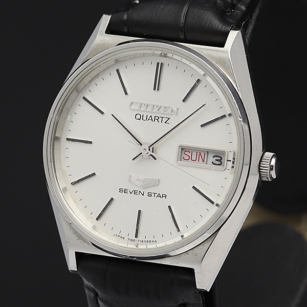 中古 1円 正規品 シチズン セブンスター 7 デイデイト 4 7321 ホワイト系文字盤 ラウンド レザー 黒 Qz メンズ腕時計 A の落札情報詳細 ヤフオク落札価格情報 オークフリー スマートフォン版