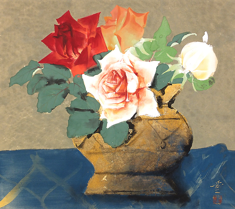 GLC】山崎豊 「薔薇」 日本画10号 師：川端龍子 青龍社重鎮 物故重鎮の