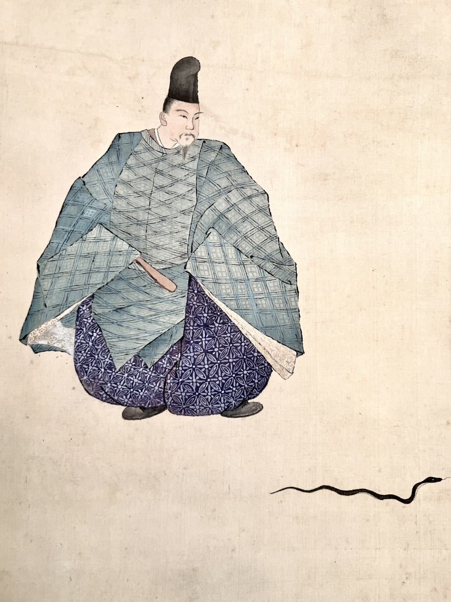 やや傷や汚れあり】[仏陀] 西松「公家と蛇」絹本 肉筆 金泥 浮世絵