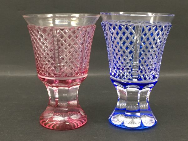 傷や汚れあり】C008-H13-72 カメイガラス 夫婦切子 紗綾高杯 薩摩切子