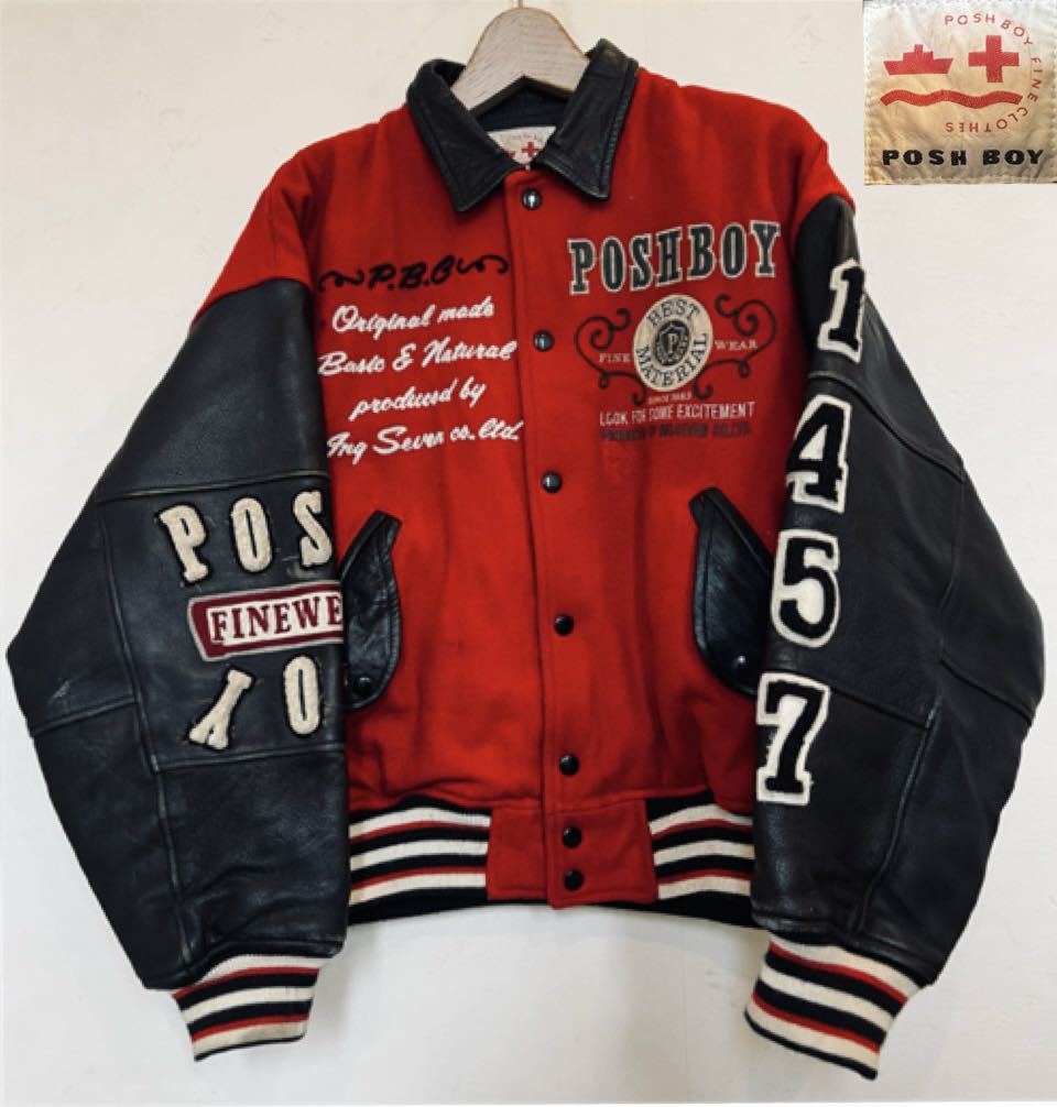 【一点物】POSHBOYポッシュボーイ 袖レザースタジャン 刺繍ロゴ ワッペン 一点物】POSHBOYポッシュボーイ 袖レザースタジャン 刺繍ロゴ