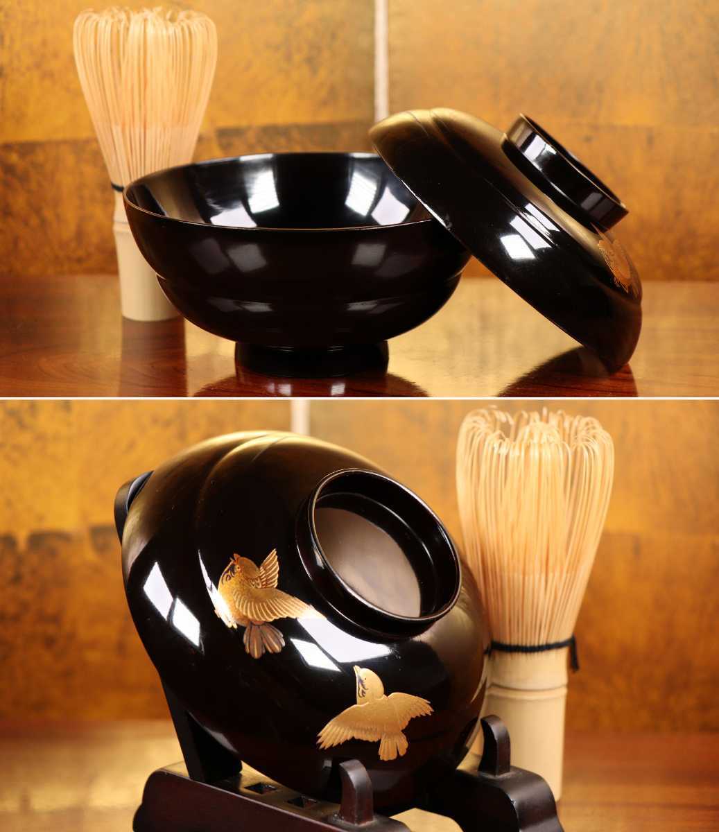 輪島塗 木製漆器 黒塗椀 諫鼓鳥文様金蒔絵黒塗椀 ニ客 鶏太鼓草切金茶