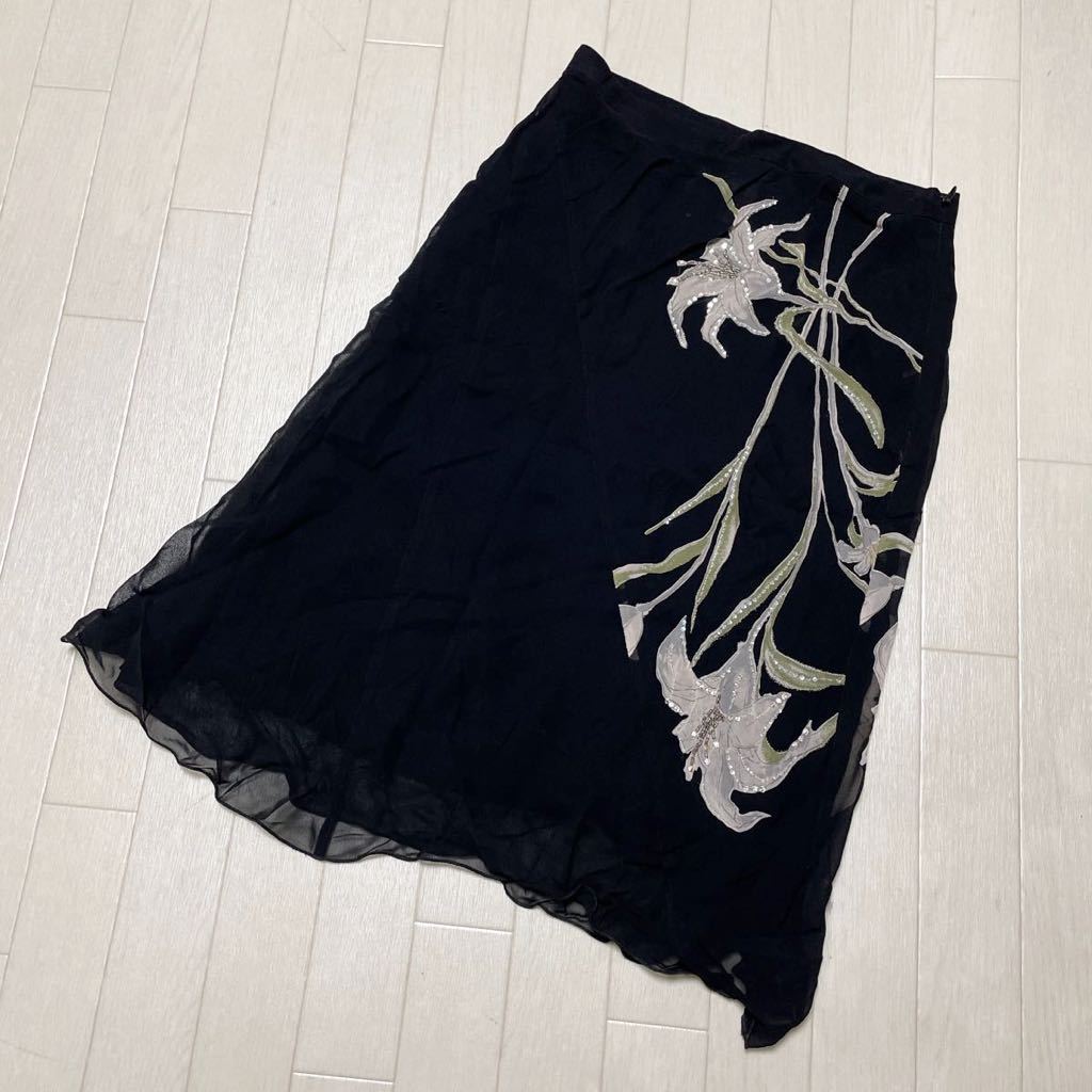 新品 アンナモリナーリ スリット フラワー フレアー スカート ブラック  