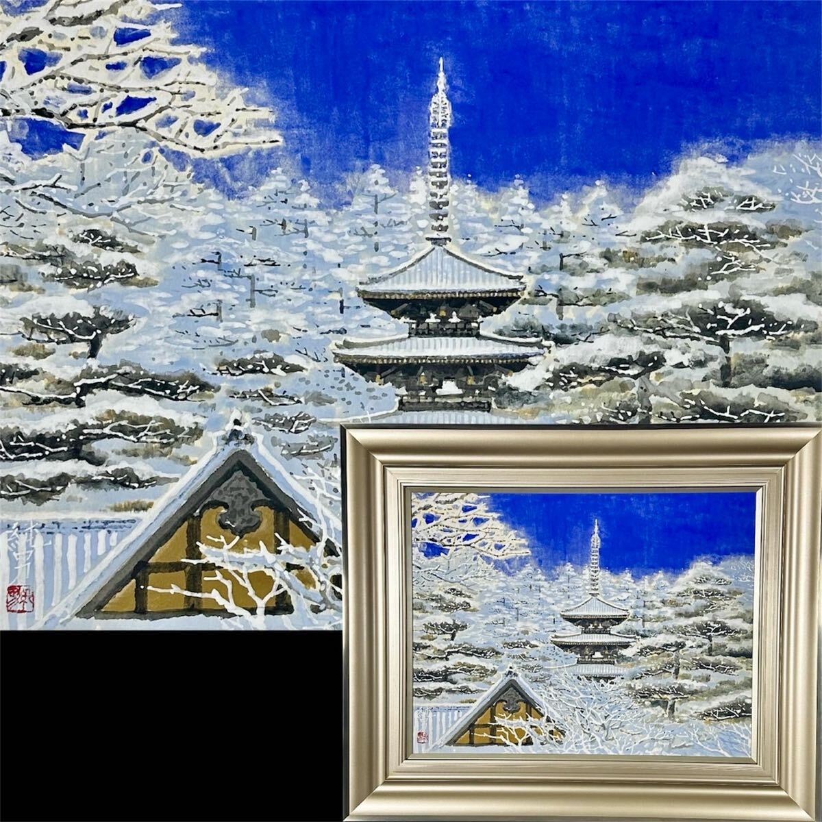 雅】村岡貴美男 日本画額装「青い花の咲く頃」共シール 布 タトウ箱