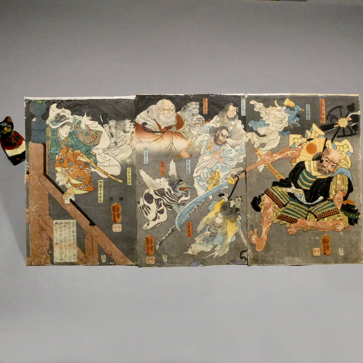版画】委託HK◇ 歌川芳員 浮世絵「佐藤四郎兵衛忠信」三枚続 額装 嘉永
