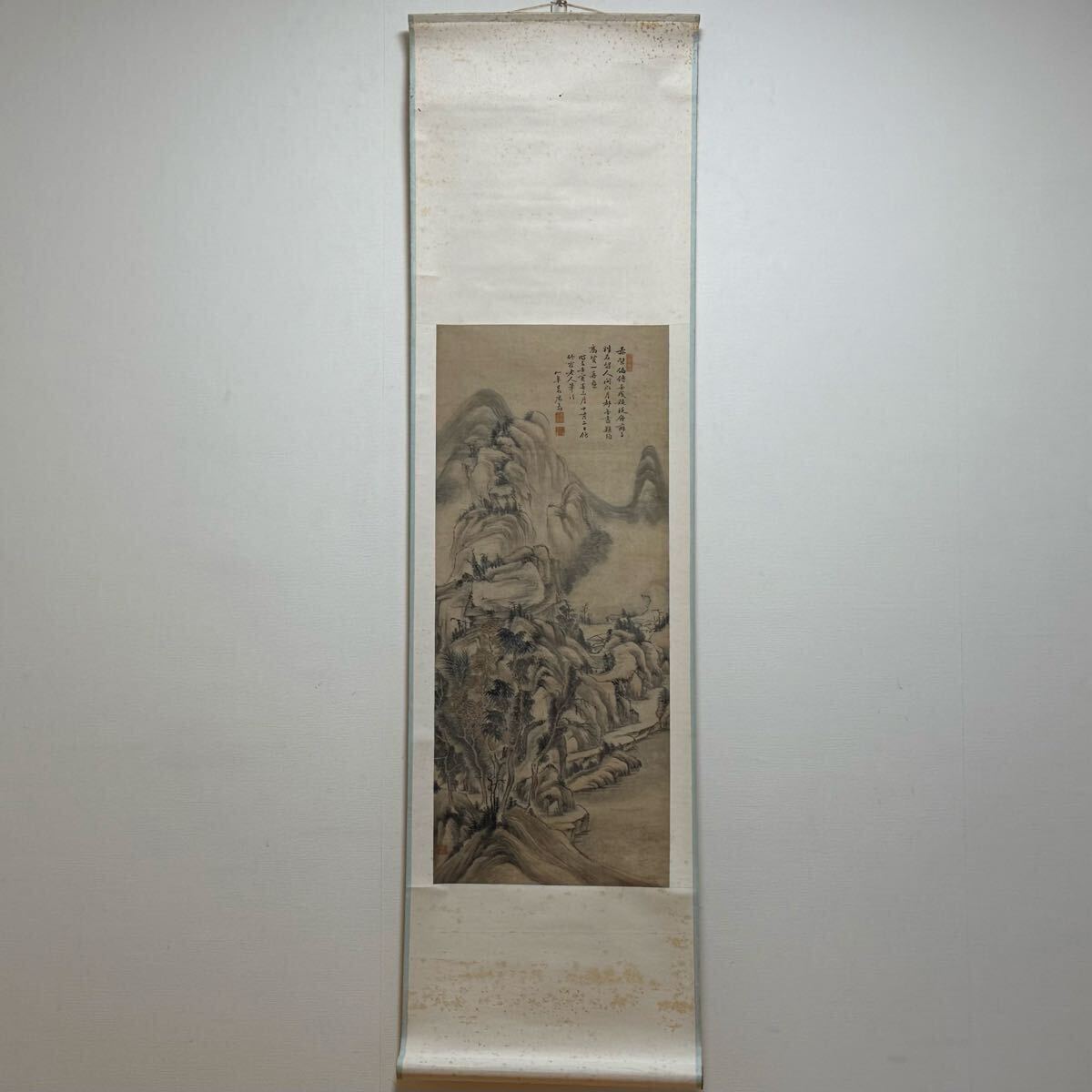 2140 【模写】 中国人画家 楽震文 水墨 山水画 額装品/在銘落款 唐物