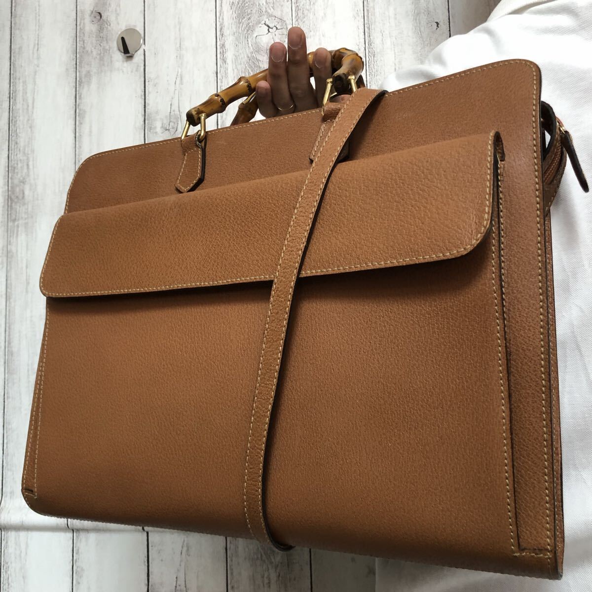 極美品・高級 グッチ ビジネスバッグ ブリーフケース バンブー オールレザー 茶 □美品□GUCCI グッチ バンブー□メンズ□カーフ レザー 本革□トート
