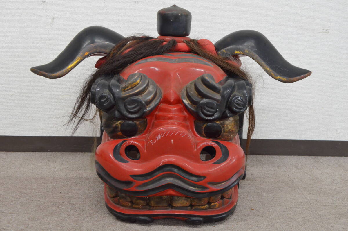 獅子舞】 木彫り 獅子頭 雄 雌 2頭 縁起物 置物 飾りの落札情報詳細
