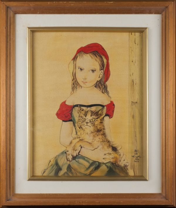 中古】◎藤田嗣治《肉筆の油彩画》F4号《白い猫》絶品の落札情報詳細