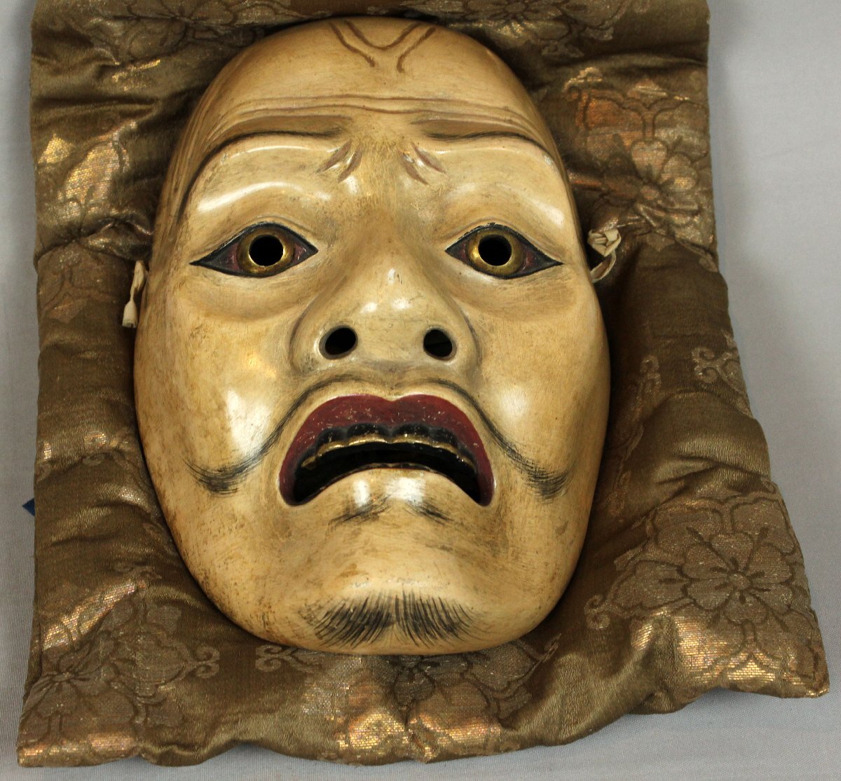 傷や汚れあり】能面師 日出 在銘 木彫 能面 翁 時代 作家物 彩色 翁面