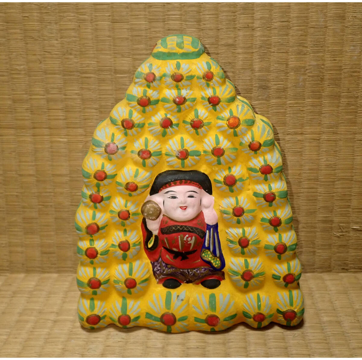 中古】木彫り 彫刻 大黒天 福の神 打ち出の小槌 米俵 21cm 大黒様
