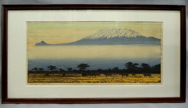 吉田遠志「姫路城」木版画 直筆サイン入り 1973年 木彫細工額装