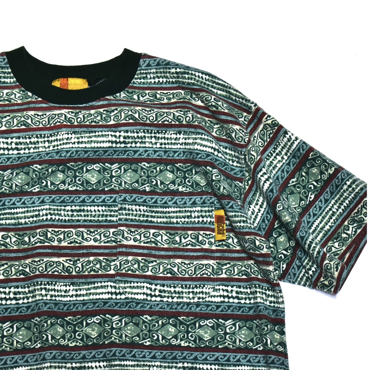 M] 90s GOTCHA USA製 ポケット Tシャツ 総柄 ボーダー マルチ ガッチャ