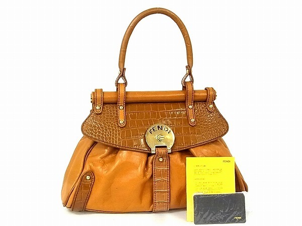 1円 □美品□ FENDI フェンディ ロゴ 8BN143 レザー×クロコ型押し  