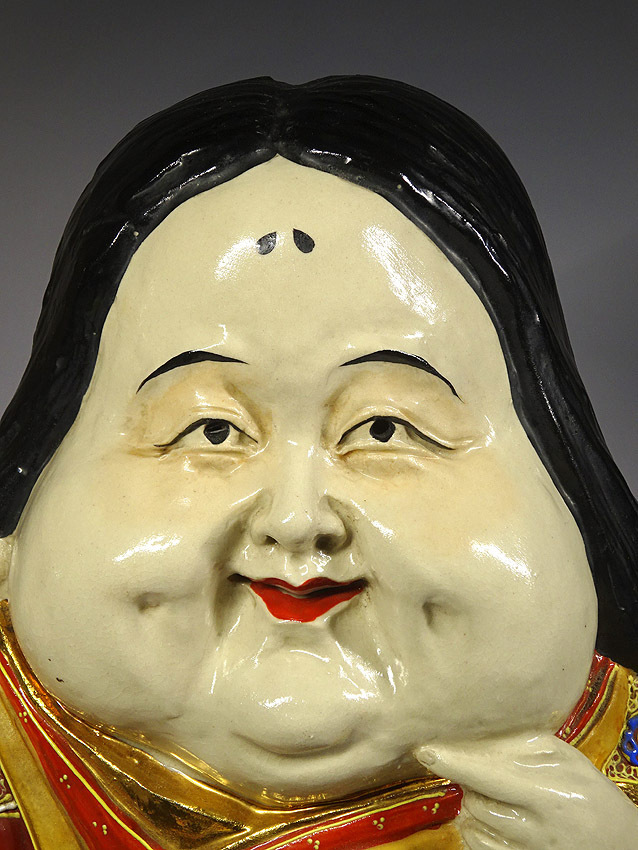 緑屋*k□九谷焼 細密色絵 大型 お多福置物 高さ約38.5cm 美人 おかめ