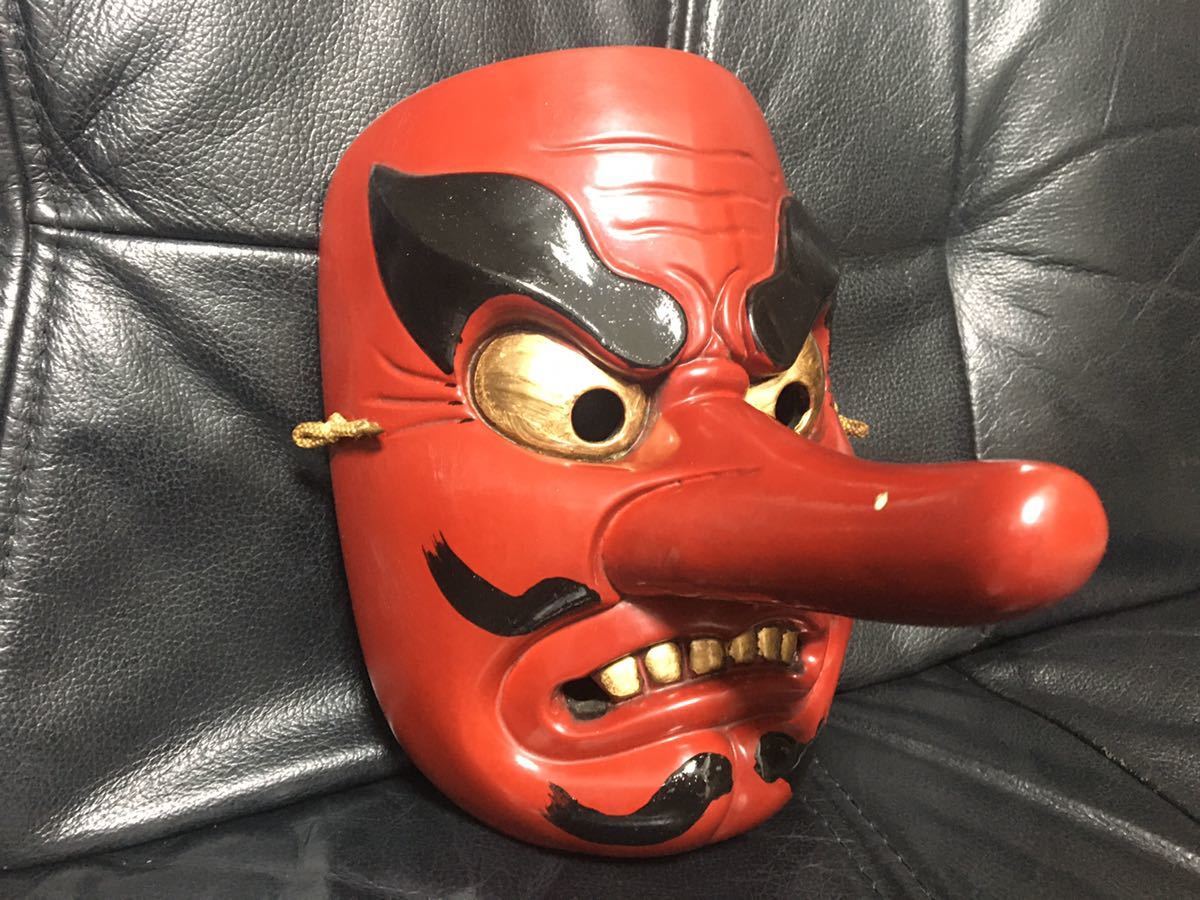 江戸時代 天狗面】 木彫 猿田彦大神 魔除け 舞踏 神楽