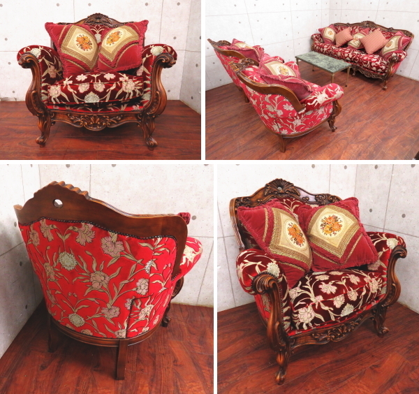 美品イタリア製 ロココ様式 金華山 1人掛けソファ 彫刻 猫脚 1Pソファ