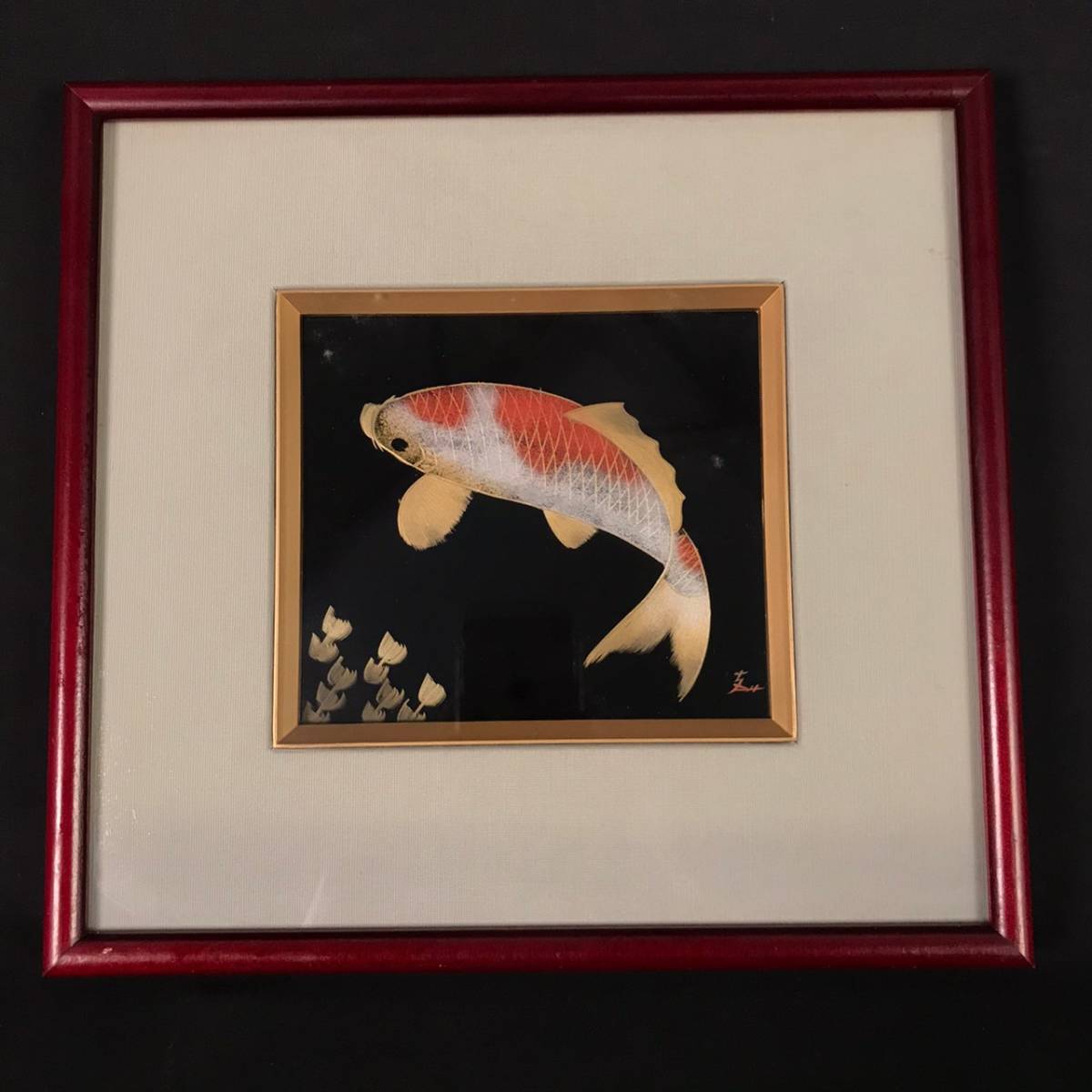 GN0302-7-28 輪島塗 蒔絵師 大門玉山作 彫漆絵 游鯉 額 インテリア