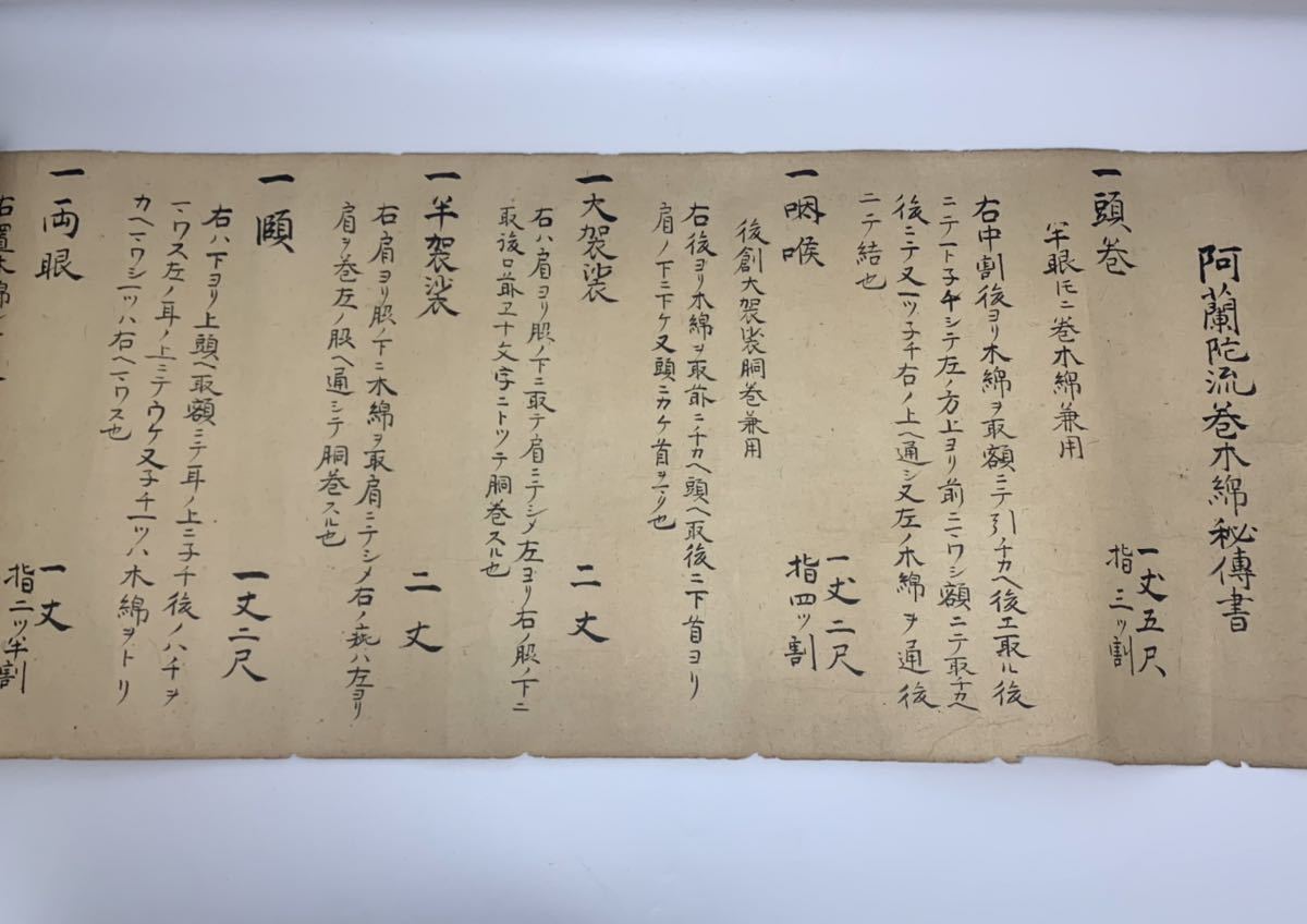 超レア江戸時代絵巻物！肉筆医学 オランダ流包帯の巻き方の巻物 巻木綿