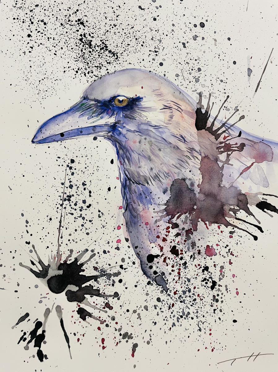 水彩画 原画 カラス 未使用】服部哲也【カラス】絵画 動物画 真作A4サイズ 原画, image size:898x1198