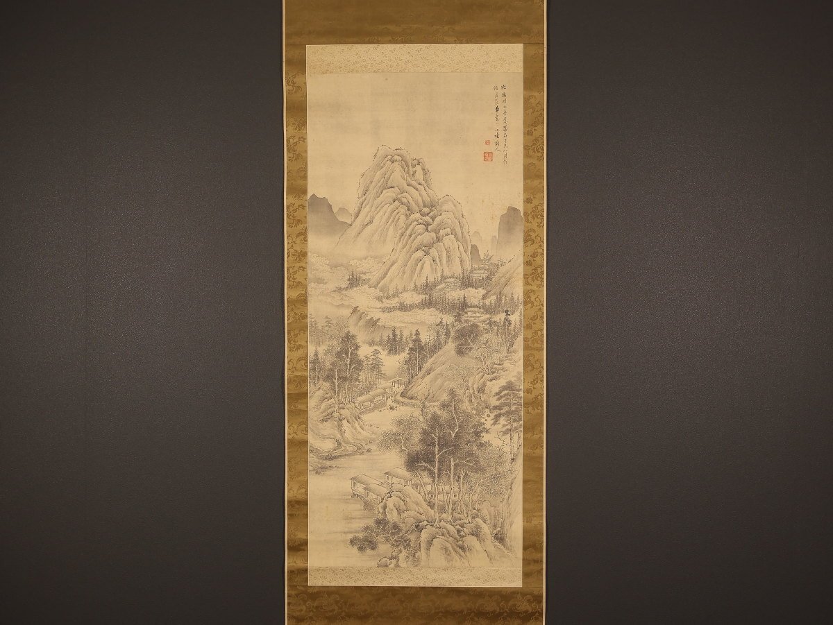 真作】 ♪ 掛軸 「内藤天来」筆 【自画賛 青緑山水図】 田能村直入