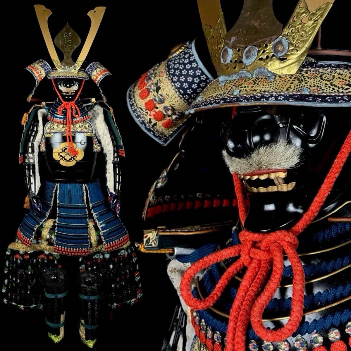 侍】時代甲冑 鉄地三十二間筋兜 紺若草縅漆箔 鎧兜一式 等身大 鎧櫃付