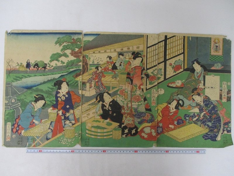 S7 歌川房種「其由縁花の八つ橋」三枚続 剥し跡・綴穴有◇源氏絵◇版画