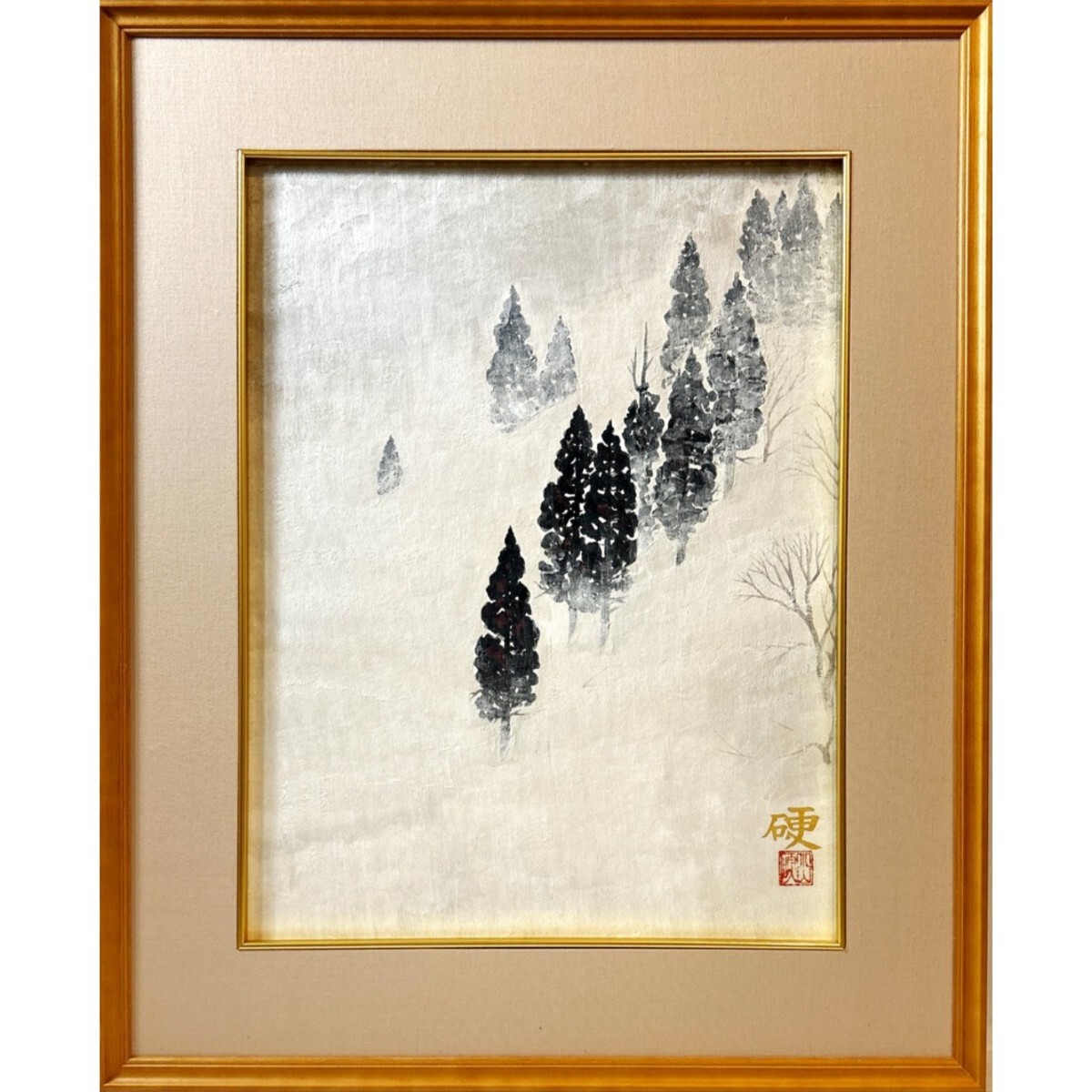 中古】【肉筆】前本利彦「牡丹と白猫」/絵サイズ75×55cm/タトウ箱/共