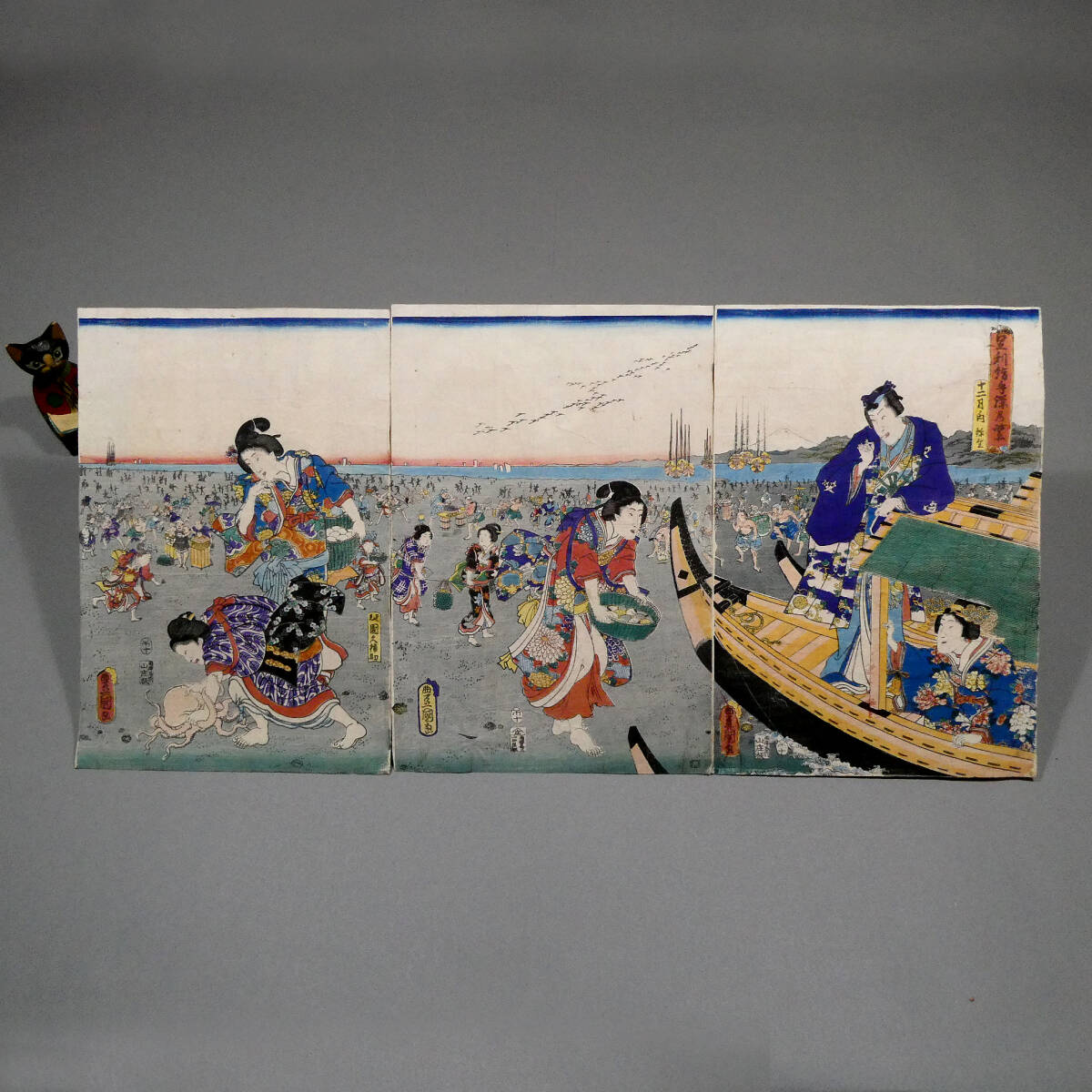 HANA/希少！本物 浮世絵 歌川国貞画 美人画 三枚続 江戸時代 木版画