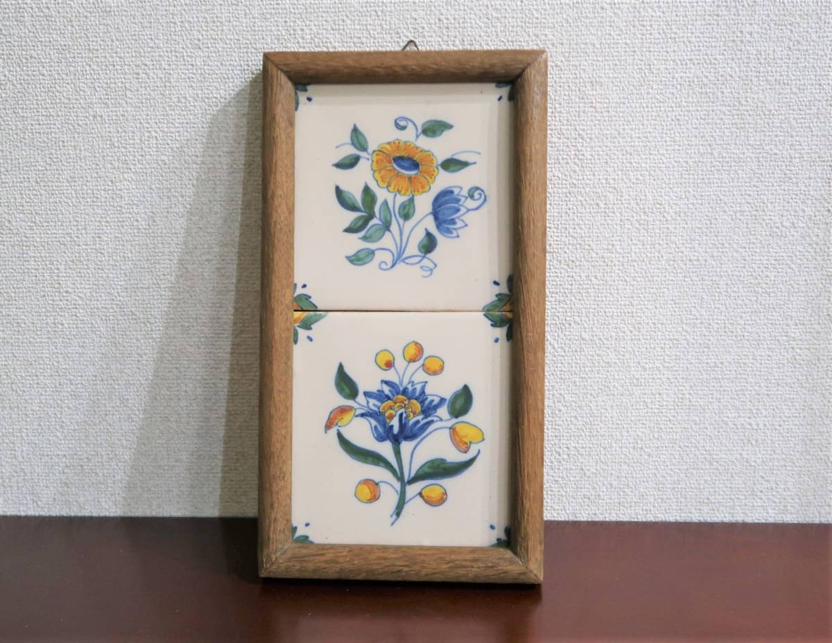 18‐19世紀オランダ デルフトタイル 額装『花柄』陶器 アンティーク オランダ製/ヴィンテージタイル デルフトタイル 額装 2枚続き 花