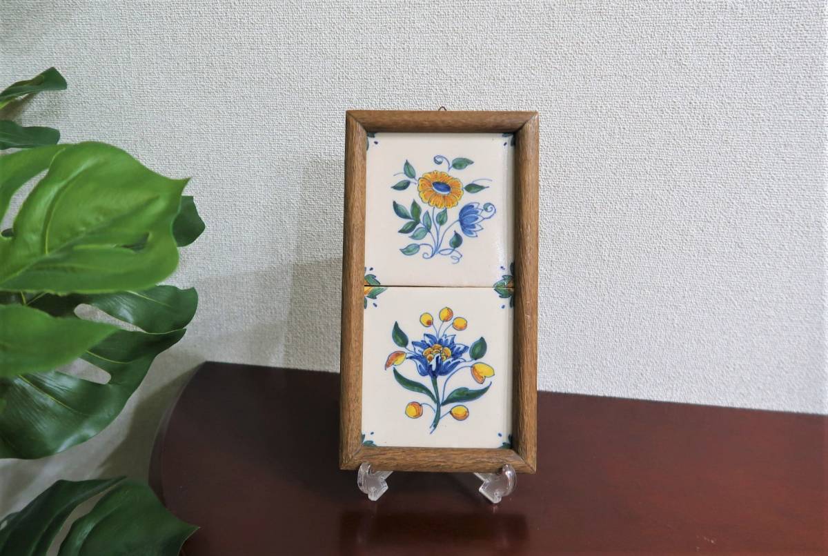 オランダ製/ヴィンテージタイル デルフトタイル 額装 2枚続き 花